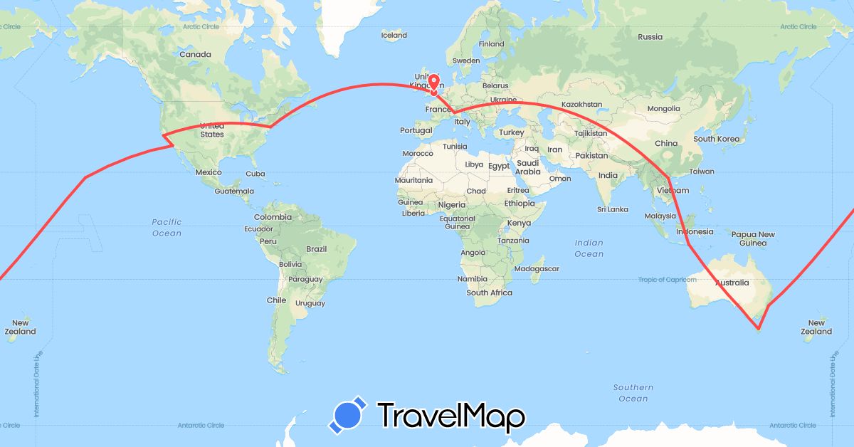 TravelMap itinerary: driving, hiking in Australia, United Kingdom, Indonesia, Italy, United States, Vietnam (Asia, Europe, North America, Oceania)